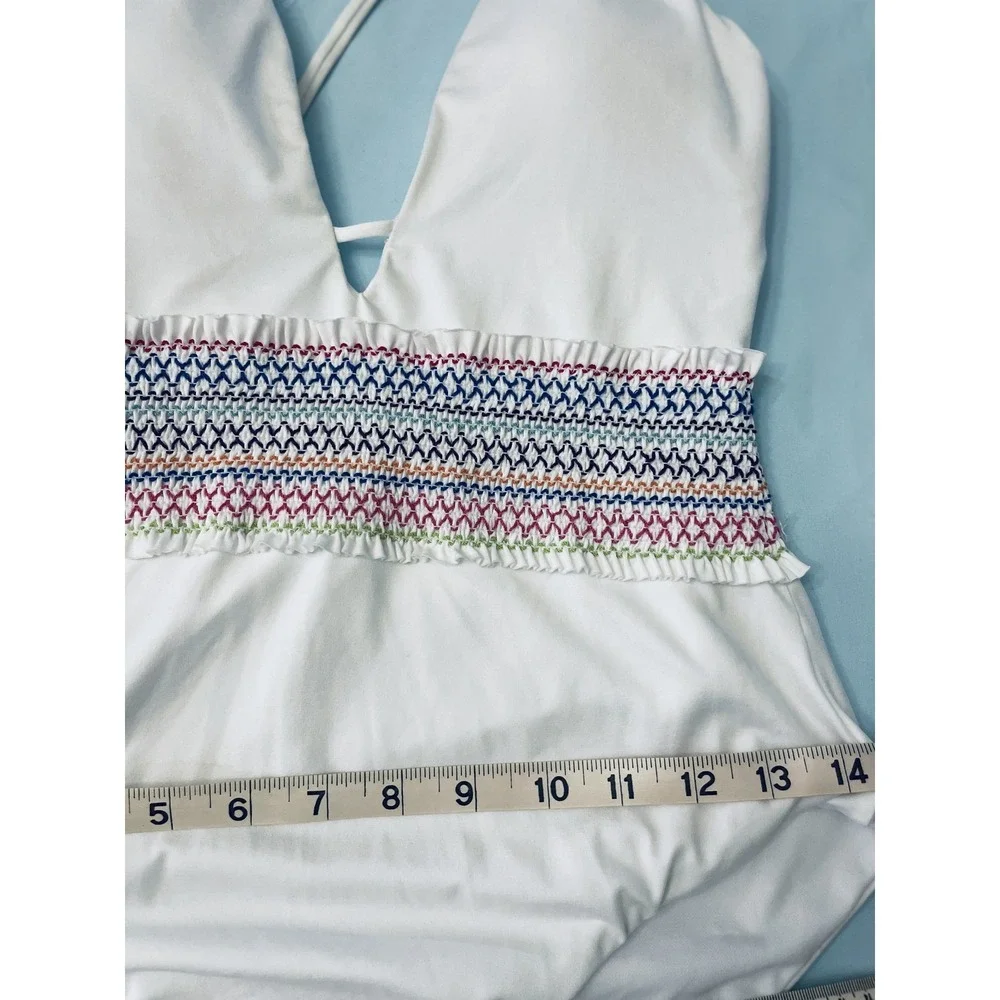 Bar III Swimsuit Womens Small White One Piece Smocked Waist Multicolor Trim Swim